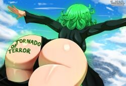 1girls ass ass_focus back_view clothed clothed_female dress female female_only flying green_hair light-skinned_female light_skin one-punch_man sol-sama_d2 solo solo_female tatsumaki thick_thighs thighs