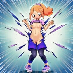1girls ai_generated bike_shorts black_eyes blush breasts cleft_of_venus clothes_lift clothing embarrassed emphasis_lines exploding_clothes female full_body hair_scrunchie leggings long_hair looking_down medium_breasts navel nipples no_bra no_panties open_mouth orange_hair pigeon-toed ponytail pussy rhythm_heaven rhythm_heaven_groove rhythm_tengoku scrunchie shirt shirt_lift shoes shorts small_breasts sneakers solo standing surprised t-shirt tearing_clothes torn_clothes wardrobe_malfunction