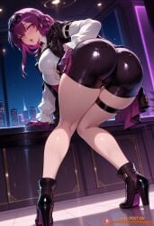 1girl ai_generated artist_name ass ass_focus bent_over black_jacket black_shorts blush boots breasts eyewear_on_head gloves high-waist_shorts high_heel_boots high_heels honkai:_star_rail hoyoverse indoors jacket kafka_(honkai:_star_rail) kneepits large_breasts long_hair long_sleeves looking_at_viewer looking_back mihoyo night open_mouth patreon patreon_username pince-nez purple_eyes purple_gloves purple_hair round_eyewear shirt shorts solo sunglasses tagme_(artist) thighs white_shirt