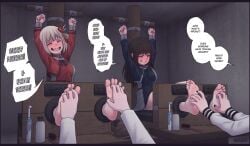 blushing brush collar crying cuffed_wrists cuffs feet inoue_takina lycoris_recoil name_tag nishikigi_chisato oil painted_nails restrained soles stocks tagme tickle_fetish tickle_torture tickling tickling_feet toes wtfeather