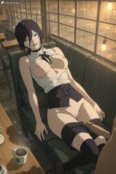 1boy 1girl ai_generated bare_shoulders black_choker black_hair black_ribbon black_shorts black_thighhighs breasts breasts_out brown_footwear cafe chainsaw_man choker clothes_pull coffee coffee_mug collared_shirt cup dark-skinned_male digitalwaifugallery erection green_eyes hair_between_eyes hetero hi_res high_quality high_resolution imminent_penetration indoors looking_at_viewer lying medium_breasts mug neck_ribbon night nipples no_bra no_panties on_back open_clothes open_mouth open_shirt patreon penis pussy rain reze_(chainsaw_man) ribbon seductive sexy shirt short_hair shorts shorts_pull sleeveless sleeveless_shirt smile solo_focus table thighhighs uncensored watermark white_shirt window