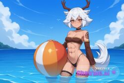 1girl abs ai_assisted ai_generated animal_ears antlers ass black_bikini blush choker deer_girl detached_sleeves devious devious_smile g_string holding_beachball in_water looking_at_viewer muscle_definition ocean oiled_body orange_eyes partially_submerged proud punk seductive seductive_look serious slit_pupils smile solo source_anime standing sultry tail toned topless white_hair white_skin wide_hips