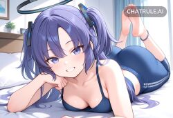 1girl ai_assisted ai_generated anklet bare_shoulders barefeet bedroom cleavage curvy_body detailed_feet eyes_half_closed feet_up grin looking_at_viewer narrow_waist petite prone_position purple_eyes purple_hair round_ass small_breasts soft_breasts the_pose tired wide_hips
