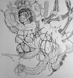 abs antennae_(anatomy) balls ballsack black_hair bound bound_legs bound_wrists captured clenched_teeth crying cum cum_drip cum_on_penis cumming cumming_while_penetrated dieselbog drooling earrings eyeshadow face_markings female female_focus futanari grimace huge_breasts huge_cock insect_legs legs_apart legs_held_open legs_spread lipstick makeup monster monster_on_female monster_rape muscular muscular_arms muscular_female muscular_futa muscular_legs nipples nonconsensual nude_female pencil_(artwork) raped_by_monster raped_female scared scared_expression spread_legs stinger suspended_in_midair suspension tentacle unusual_genitalia veiny_penis