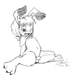 anthro balls black_and_white blush cornelius cute_fangs front_view hood lagomorph male mammal manmosu_marimo monochrome mostly_nude navel odin_sphere one_eye_closed open_mouth peeing penis rabbit sitting solo spread_legs spreading urine watersports