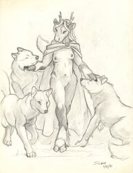 2015 anthro antlers breasts canine cervine cloak closed_eyes clothing female feral horn mammal nude reindeer scale_(artist) sketch wolf