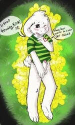 2015 asriel_dreemurr black_sclera blush bottomless caprine clothed clothing english_text erection flower fur goat half-dressed heart horn long_ears male male_only mammal monster paws penis plant precum solo text toybadgers undertale white_fur young