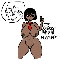 1girls 2b2t ara_ara areolae big_breasts black_hair blush dark-skinned_female dark_skin hausemaster_(2b2t) minecraft naked nipples pussy rule_63 sunglasses thick_thighs tie