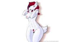 abs acethebigbadwolf blush breasts bush canine female fur hair looking_at_viewer mammal nipples pussy red_eyes red_hair short_tail silvia simple_background standing white_background