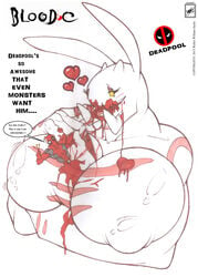 big_breasts blood blood-c blush breasts bunny_beast clothing crossover deadpool eating elder_bairn english_text female gesture gore heart huge_breasts human lagomorph logo male mammal marvel monochrome rabbit rule_63 smile spine text thumbs_up walter_sache yellow_eyes