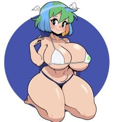 1female 1girls bangs barefoot bikini black_eyes blue_hair blue_panties blush blushing blushing_at_viewer blushing_profusely bob_cut bra busty busty_female clothed clothed_female cloud collarbone cute earth earth-chan eyelashes female female_only full_body green_hair hand_up head_tilt kneeling kneeling_female light-skinned_female light_skin looking_at_viewer midriff nipple_bulge nipples panties partially_clothed planet posing renniearts00 shiny shiny_hair shiny_skin simple_background smile smiling smiling_at_viewer solo solo_female swimsuit thick thick_ass thick_legs thick_thighs thighs thong white_bra wide_hips