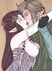 1boy 1boy1girl 1girls blonde_hair blue_eyes braid breasts breasts_out brown_hair closed_eyes earrings elbow_gloves female fingerless_gloves hugging kissing link link_(twilight_princess) male momen nintendo nipples pointy_ears princess_zelda romantic saliva straight sweat the_legend_of_zelda tied_hair tongue topless twilight_princess zelda_(twilight_princess)