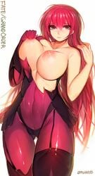 1girls bodysuit breasts burgundy_hair cameltoe fate/grand_order fate_(series) female fringe long_hair looking_at_viewer mukka nipples red_eyes red_hair scathach_(fate) slim small_ass solo