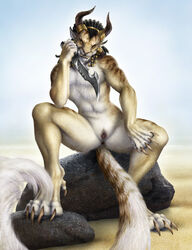 2015 amber_eyes anthro anus big_tail braided_hair brown_fur charr claws dagger fangs feline female flat_chested fur guild_wars hair horn jocarra knife mammal melee_weapon muscular nude paws pink_nose pose pussy rock sand sharp_teeth sitting solo spread_legs spreading stone teeth video_games weapon