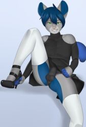 2015 absurd_res balls blue_hair bulge clothed clothing crossdressing feline fur furry furry_only girly green_eyes hair hardyboy hi_res high_heels icy_(foxfan88) legwear looking_at_viewer male male_only mammal presenting seductive thigh_highs