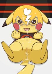 cosplay_pikachu cum female female_only feral fur looking_at_viewer muneneko nintendo pikachu pikachu_libre pokemon pussy solo yellow_fur