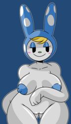 animal_crossing animal_ears anthro areolae ass_visible_through_thighs black_eyes blonde_hair blue_areola blue_background blue_eyeshadow blue_nipples breasts eyeshadow female female_only francine_(animal_crossing) front_view fur green_nose hair half-closed_eyes hips lagomorph leporid looking_at_viewer mammal nintendo nipples no_humans nude nude_female polka_dot pussy rabbit rabbit_ears robbonp simple_background smile solo solo_female thick_thighs thighs video_games white_fur wide_hips