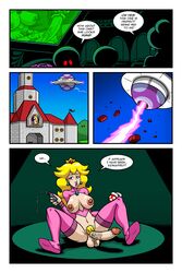 alien areola big_areolae big_breasts big_penis blonde_hair bottomless breasts comic crown doomington earrings futanari hair hairy intersex kidnapped lube mario_(series) mario_and_luigi_(series) masturbation nintendo open_clothes pink_skirt princess_peach princess_shroob shroob spread_legs tagme thighhighs