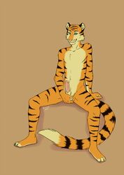 1boy 2015 anthro ball_fondling balls canned_(artist) erection feline fondling fur green_eyes half-closed_eyes holding_balls humanoid_penis looking_at_viewer male male_only mammal navel nude orange_fur penis pinup pose simple_background sitting smile solo striped_fur stripes tiger whiskers