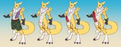 1boy abs anthro balls barefoot bulge canine clothing digimon digitigrade dog_tags erection fan_character fingerless_gloves fox gloves jamie_lamont knot male male_only mammal mechogama model_sheet mostly_nude multiple_versions multiple_versions_in_one_image muscular pecs penis penis_tip renamon sheath shorts solo standing vest