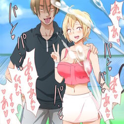 1boy :d :p ahoge baby_steps blonde_hair breasts brown_eyes character_request cheating collared_shirt cum ejaculation female fence hair_between_eyes hand_on_another's_shoulder hand_on_hip large_breasts midriff navel netorare open_mouth photo_(object) racket shirt shorts skirt smile special_g_(spg) takasaki_natsu tank_top tennis_racket text tongue tongue_out translation_request wristband