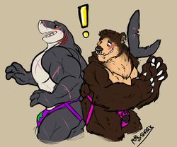 abs ass ass_to_ass bear bulge clothing fish jockstrap male mammal manlyshark manlyshark_(character) marine muscular pecs shark simple_background teasing underwear yaoi