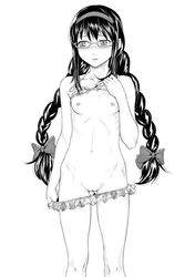 akemi_homura ass_visible_through_thighs bikini black_hair blush braid doku_sasori female flat_chest glasses hairband long_hair looking_to_the_side mahou_shoujo_madoka_magica monochrome pussy standing swimsuit swimsuit_pull tied_hair twintails