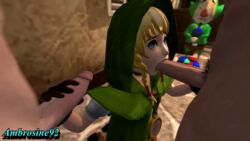 3d ambrosine92 animated blonde_hair blue_eyes boots braids choker elf fellatio female gloves handjob hyrule_warriors large_penis linkle male multiple_boys nintendo oral penis pointy_ears the_legend_of_zelda thigh_boots tingle