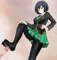 1boy black_eyes black_hair censored cum cum_on_body cum_on_clothes cum_on_lower_body female footjob hand_on_hip highres ioiou joukamachi_no_dandelion mosaic_censoring necktie pantyhose sakurada_kanade school_uniform short_hair