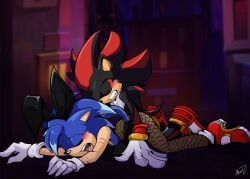 alley ambiguous_gender ambiguous_penetration anthro bite biting_lip blush bunny_costume closed_eyes clothing costume duo fan_character from_behind_position gloves handwear hi_res legwear lexi_collins male male/male outside penetration pinned scar sega sex shadow_the_hedgehog sonic_(series) sonic_the_hedgehog_(series) stockings