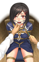 arms_behind_back black_hair blush bondage brown_hair crotch_rope cum cum_on_toothbrush dental_gag female gag gagged highres looking_at_viewer medium_breasts open_mouth open_mouth_gag original red_eyes rope ryou@ryou school_uniform serafuku shibari short_hair sitting small_breasts solo tears toothbrush