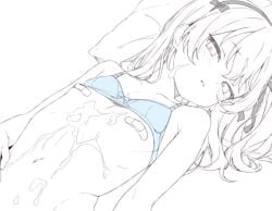 bandaid bandaids_on_nipples blue_bra blush bra bra_lift clothes_lift commentary_request cum cum_on_body cum_on_chest expressionless female flat_chest girls_und_panzer long_hair looking_at_viewer monochrome navel osanai_sanday parted_lips pasties shimada_arisu solo spot_color underwear upper_body