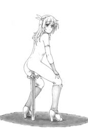 ass bare_back blush boots female fingerless_gloves from_behind gloves graphite_(medium) greyscale hair_ornament harumachi_nagaaki high_heel_boots high_heels highres looking_back masturbating_with_weapon masturbation monochrome naked_footwear naked_heels nude object_insertion original penetration planted_sword planted_weapon simple_background solo sword traditional_media vaginal_object_insertion vaginal_penetration weapon weapon_penetration