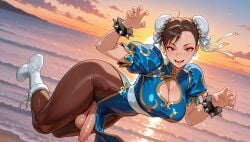 ai_generated blue_dress boots bracelet breasts brown_eyes brown_hair brown_pantyhose bun_cover china_dress chinese_clothes chun-li claw_pose cleavage cleavage_cutout clothing_cutout cloud double_bun dress dutch_angle earrings erection eyeshadow female futanari hair_bun jewelry juliaverseai large_breasts looking_at_viewer makeup ocean open_mouth outdoors pantyhose pelvic_curtain penis puffy_short_sleeves puffy_sleeves short_sleeves sky smile solo spiked_bracelet spikes street_fighter street_fighter_6 sunset testicles uncensored white_footwear