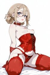 ai_generated blue_eyes braided_bangs bubble_butt collar corset czero2011 digital_media_(artwork) girls'_frontline girls'_frontline_2:_exilium gloves hair_between_eyes hair_rings lace-trimmed_panties lace-trimmed_thighhighs lace_corset lace_gloves lace_lingerie lace_panties lace_stockings lace_underwear leaning_back light_brown_hair mp5_(girls'_frontline) pale-skinned_female pale_skin panties peri_(girls'_frontline_2) perky_breasts petite_female pinup plump_lips plump_thighs puffy_nipples red_gloves red_lingerie red_panties red_stockings round_glasses sidelocks simple_background skindentation small_breasts solo_female spread_legs stockings white_sheets