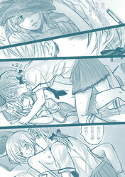 2girls bai_lao_shu blush bow clothing comic couple erica_hartmann female gertrud_barkhorn hair highres kissing licking long_hair monochrome multiple_girls short_hair skirt small_breasts strike_witches text translation_request undressing uniform yuri