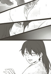 2girls bai_lao_shu blush comic cum cum_in_pussy futa_with_female futanari hair heavy_breathing highres houshou_(kantai_collection) intersex kantai_collection long_hair monochrome multiple_girls nagato_(kantai_collection) sex silent_comic towel