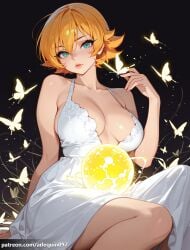 1girl ai_generated aqua_eyes arlequin097 bare_shoulders black_background blonde_hair blue_eyes breasts bug butterfly cleavage closed_mouth collarbone dress flipped_hair glowing_butterfly hair_between_eyes halterneck igawa_sakura large_breasts lips looking_at_viewer orange_hair orb short_hair sitting sleeveless sleeveless_dress solo taimanin_(series) white_butterfly white_dress yellow_butterfly