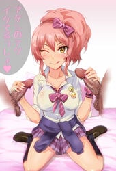 1girls 2boys black_socks breasts brown_loafers female gyaru idolmaster idolmaster_cinderella_girls japanese_text jewelry jougasaki_mika kihou_no_gotoku_dmc knee_socks kneehighs kneesocks kogal large_breasts loafers long_hair male multiple_boys multiple_penises nail_polish penis pink_nails pubic_hair rings shoes skirt socks testicles text tongue_out yellow_eyes