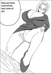 1girls android_18 basara cameltoe cleavage curvy dragon_ball female gigantic_breasts glasses milf monochrome short_hair voluptuous wide_hips