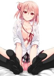 1girls akino_sora female my_teen_romantic_comedy_snafu nipple_slip no_bra open_clothes open_shirt panties pantyshot pink_hair pink_panties red_eyes shirt short_hair sitting skirt socks solo upskirt yuigahama_yui