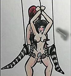 artist_request balls big_breasts black_hair bondage breasts clitoris cum cum_leaking female five_nights_at_freddy's five_nights_at_freddy's_2 happy humanization humanized humanized_animatronic leg_grab long_hair male marionette_(fnaf) penetration penis puppet_(fnaf) pussy red_hair rule_63 sex smile socks spread_legs standing stockings straight string striped_socks suspended suspension thighhighs vaginal_penetration