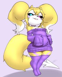anthro bandai_namco canid canine clothing cute_fangs demon digimon fangs female fox furball genitals hi_res horn hybrid imp legwear mammal markings nipple_slip nipples pussy pussy_peek renimpmon shortstack stockings sweater tail teeth topwear vulva
