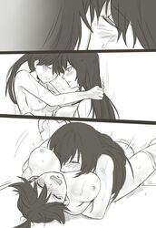 2girls bai_lao_shu comic futa_with_female futanari hair highres houshou_(kantai_collection) intersex kantai_collection kissing long_hair monochrome multiple_girls nagato_(kantai_collection) sex silent_comic