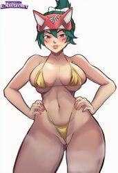 asian asian_female big_breasts big_thighs bikini boobs breasts curvy curvy_figure female female_focus female_only golden_bikini hands_on_hips kiriko_(overwatch) lunassecret micro_bikini overwatch overwatch_2 standing tight_clothes tight_clothing tight_fit tight_pussy tits