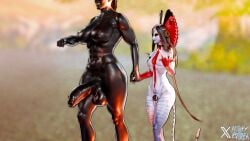 2futas 3d avatar avatar:_fire_and_ash blender blue_skin chastity_cage dark-skinned_futa futanari holding_hands huge_cock interspecies large_breasts middle_finger missyastrea muscular_futa na'vi nipple_piercing small_breasts small_penis varang