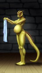 2015 anthro argonian breasts claws clothing female green_scales green_skin horn humanoid_feet humanoid_hands jardenon lizard nude pregnant pussy ready_to_pop reptile scales scalie skyrim solo the_elder_scrolls video_games wide_hips