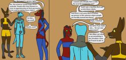 ahuizotl ambiguous_gender amphibian android anthro badger blue_clothing brown_body clothed clothing comic english_text female flat_chested group hi_res ina_(trinitite) machine mammal mustelid musteline nder red_body robot robot_anthro salamander skimpy text toeless_legwear tory_(trinitite) trinitite trio yellow_clothing