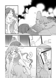 2girls blush closed_eyes comic female hatsune_miku long_hair megurine_luka monochrome multiple_girls sekihara_umina text tied_hair translation_request twintails vocaloid yuri