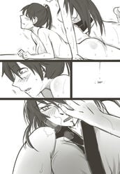 2girls bai_lao_shu blood blush breasts comic futa_with_female futanari hair heavy_breathing highres houshou_(kantai_collection) intersex kantai_collection long_hair monochrome multiple_girls nagato_(kantai_collection) nosebleed sex silent_comic